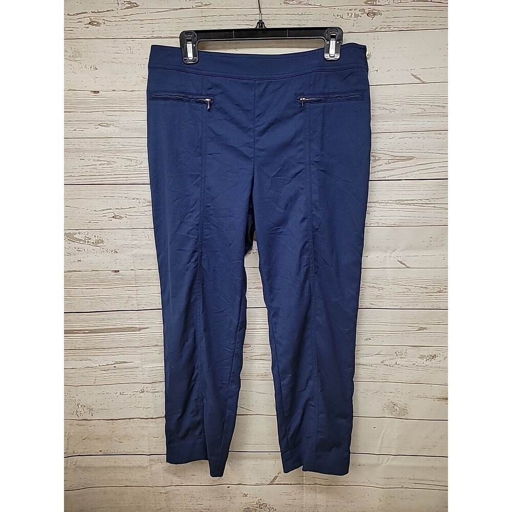 St. John Women's 10 Straight Leg Pants Gold Zipper Stretch Navy Blue Pockets